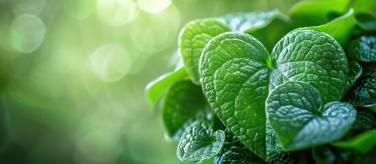 Leinwandbilder - Heart shaped green leaves against a serene backdrop with copy space image