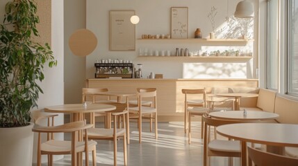 Poster - A bright cafe features wooden chairs and tables, a coffee bar, and sunlight streaming through large windows.
