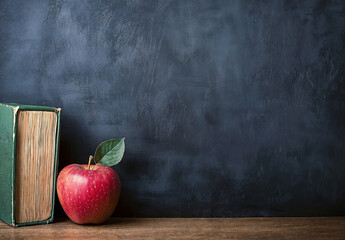 Aufkleber - Apple and a textbook are sitting on a desk in front of a blank chalkboard, providing copy space for a back to school theme