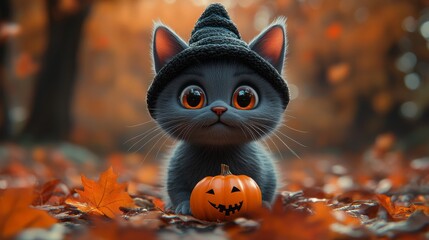 Wall Mural - Adorable black kitten wearing witch hat posing with jack o'lantern for halloween