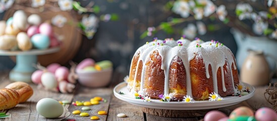 Aufkleber - Festive homemade Easter kulich cake displayed on a table featuring a copy space image with a backdrop of various healthy meal options and holiday treats