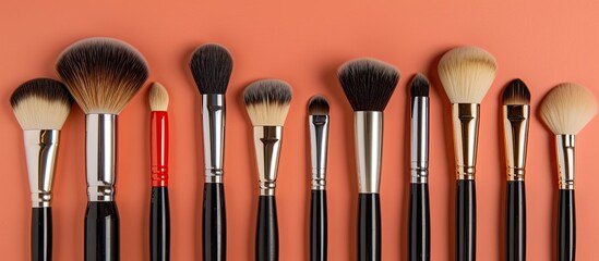 Poster - Makeup brushes neatly arranged on a table with copy space image available