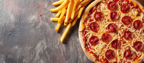 Poster - Pizza dough topped with cheese pepperoni and served with a side of French fries on a copy space image