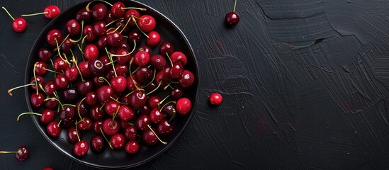 Poster - Top view of a plate filled with red cherries on a black table perfect for adding your own image or text. Creative banner. Copyspace image