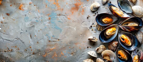 Poster - Mussels and clams arranged on textured background with copy space image for text