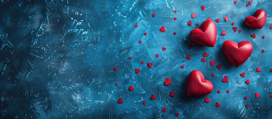 Aufkleber - Romantic Valentine s Day concept with heart shapes on a blue surface offering a copy space image for personalization