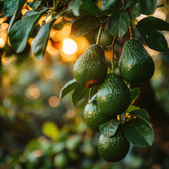 Wall Mural - Avocado tree plantation from close up angle, focusing avocados hanging branches, blurred background