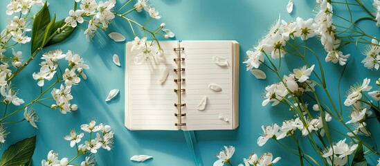 Poster - Top view of a notebook on a blue surface adorned with white flowers ideal for occasions like birthdays Mother s Day or Women s Day with ample copy space in the image