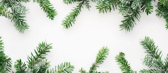 Fototapete - Festive Christmas decor with evergreen branches on a white backdrop Top down view for a design with a copy space image for a holiday or winter theme