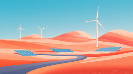 Wall Mural - flat illustration, wind turbines and a solar-panel in the desert, wind farm, desert landscape