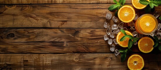 Aufkleber - Fresh orange juice with ice on a wooden surface background showcasing a copy space image