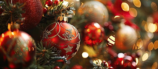 Poster - Festive decorations for Christmas often hung on trees or placed around homes creating a cozy and joyful atmosphere. Creative banner. Copyspace image