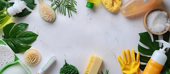 Poster - Eco friendly cleaning supplies like brushes sponges and gloves together with natural products displayed on a white surface in a top down view with room for text or images. Creative banner