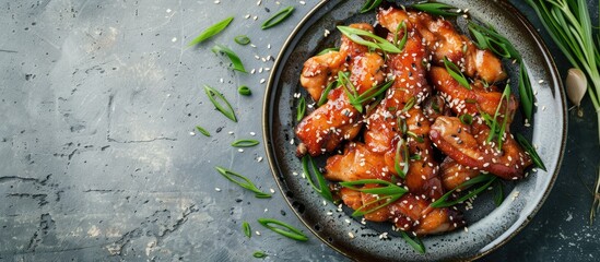 Poster - Sauteed chicken skin with a sprinkle of sesame seeds in an elegant plating setting with a plain background for copy space image