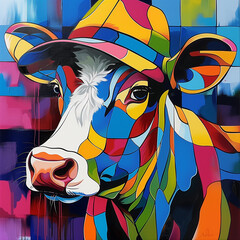 Sticker - painting of a cow wearing a hat with a colorful background