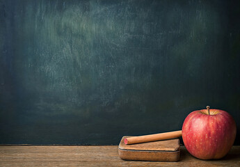 Aufkleber - Blank chalkboard is providing copy space on the left with a red apple and chalk on a wooden ledge, copy space