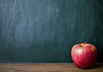 Aufkleber - Red apple on a wooden table in front of an empty chalkboard, providing copy space for back to school concepts