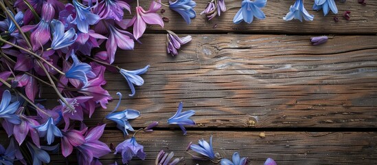 Wall Mural - Purple corydalis and blue scilla flowers on a wooden backdrop symbolizing the first signs of spring perfect for Valentine s Women s and Mother s Day cards Top down shot with empty space for text or i