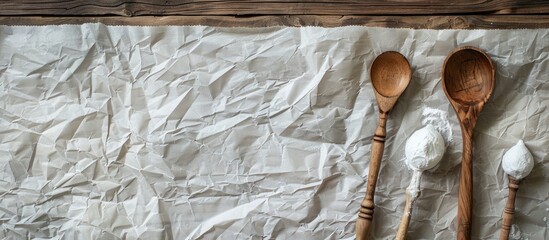 Poster - Top view of kitchen utensils placed on crumpled white parchment over a wooden table creating a baking themed background with ample copy space for text and design