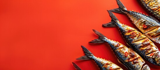 Aufkleber - Fried mackerel arranged on red background with copy space image