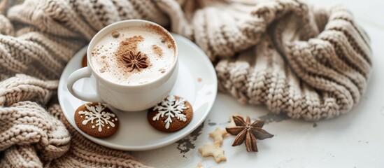 Aufkleber - A knitted scarf cocoa cookies on a white plate and a white table are showcased in the copy space image