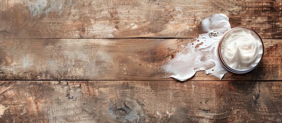 Poster - Wooden textured surface with a facial cleanser displayed perfect for copy space image