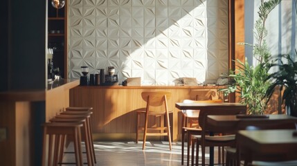 Poster - Sunlight streams through large windows, illuminating wooden tables and chairs in a modern cafe with a textured wall.