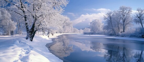 Canvas Print - Winter landscape with lovely trees and river covered in snow ideal for a copy space image