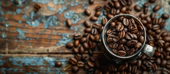 Poster - A top view of a filter holder filled with coffee beans on a wooden kitchen table with more beans in the background and ample copy space for your image