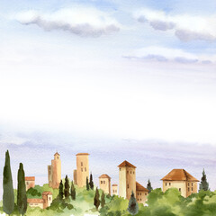 Wall Mural - watercolor italy landscape with blue mountains, vineyards, cypress trees, ancient towers, tiled roof