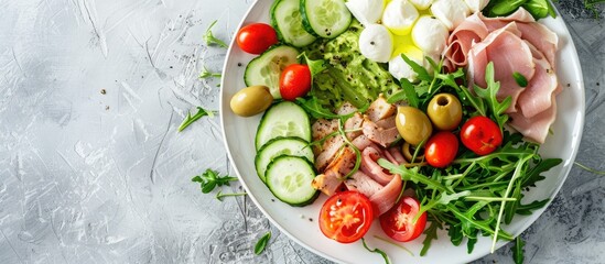 Poster - Keto dinner plate with boiled pork avocado guacamole tomatoes cucumbers mozzarella olives and arugula on a white table Detox and health concept Shot from the top showing a copy space image