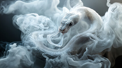 abstract snake emerging from or intertwined with wisps of smoke, using a muted colour palette to evoke mystery and fluidity