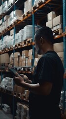 Wall Mural - A man in a warehouse uses a digital tablet for inventory management. The organized space contains diverse items in white and colored packaging.