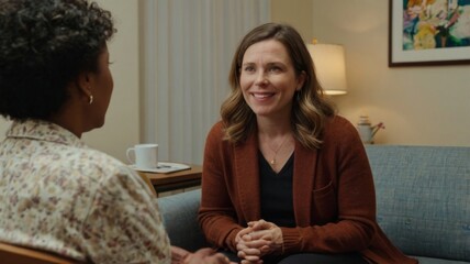 A therapist and a patient engaged in a supportive conversation in a warm, inviting therapy room