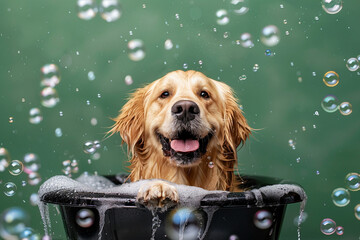 Golden retriever in the water, having a bath