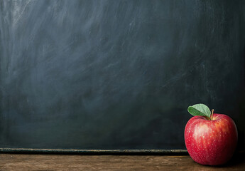 Aufkleber - Red apple with a green leaf sits on a wooden desk in front of an empty chalkboard, start of a new school year concept