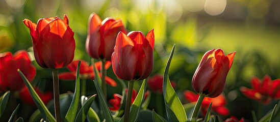 Aufkleber - Close up of red tulips in bloom on a flowerbed. with copy space image. Place for adding text or design