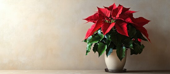 Leinwandbilder - Potted poinsettia on a stand in a decorated room with room for text Traditional Christmas flower. with copy space image. Place for adding text or design
