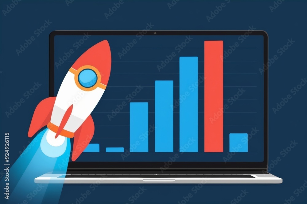 Rocket taking off from a laptop, bar graph in the background, concept ...