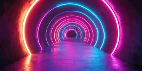 Canvas Print - Abstract Neon Tunnel with Circular Lights and Reflective Floor