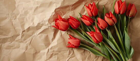Aufkleber - Red tulip bouquet wrapped in craft paper on a beige background Copy space top view