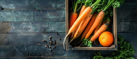Poster - A group of orange carrots in a wooden box on a wooden table prepared for cooking or sale. with copy space image. Place for adding text or design