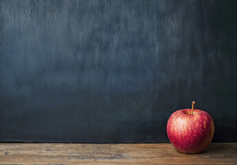 Aufkleber - Red apple on a wooden table in a classroom with a blackboard, back to school season. Perfect for educational themes