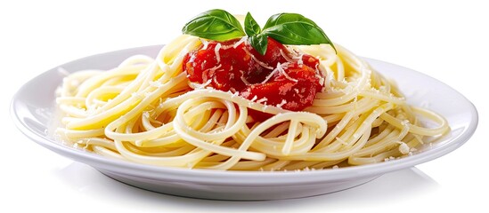 A plate of spaghetti isolated against a white background. with copy space image. Place for adding text or design