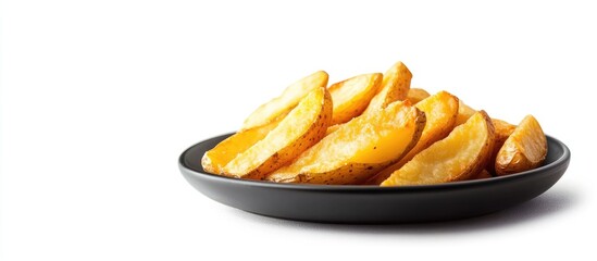 Leinwandbilder - Fried potato wedges on a black plate isolated against a white background with copy space
