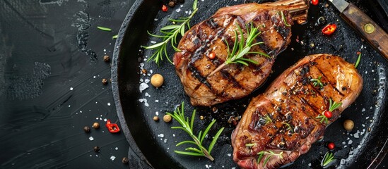 Aufkleber - Pork ribeye roast in a skillet grill with herbs and spices viewed from above on a black stone background with space for text. with copy space image. Place for adding text or design