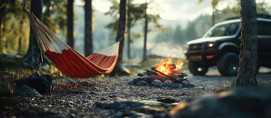 Aufkleber - Perspective of a camping site featuring a hammock and a campfire in the background SUV off road lifestyle. with copy space image. Place for adding text or design