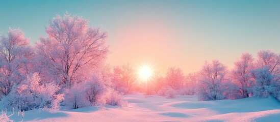 Fototapete - Crimson winter sun at its peak clear sky Naturally vibrant cool colors. with copy space image. Place for adding text or design