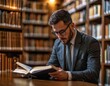 © GoodandEvil - Man in a suit studying a book in a dim library