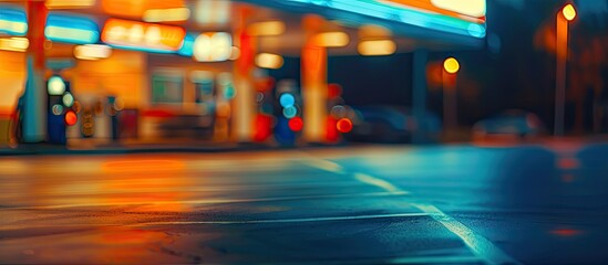 Aufkleber - Blurred gas station at night Defocused gas station and convenience store in the evening Abstract blur of a petrol station background with copyspace Vintage filter effect